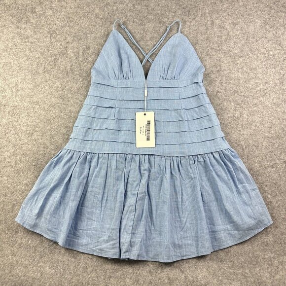 Saints Secrets Mini Dress Womens Large Blue Layered Linen Blend Deep V Lined NEW - Picture 1 of 14